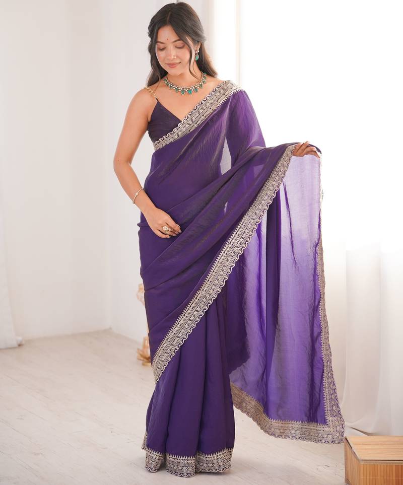 Violet satin partywear saree 
