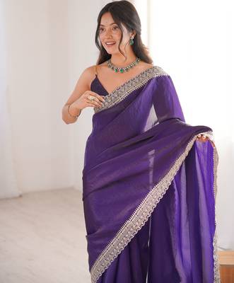 Violet satin partywear saree  3