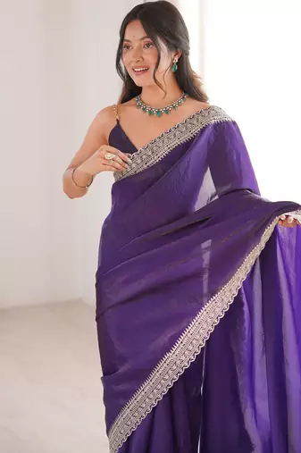 Violet satin partywear saree 