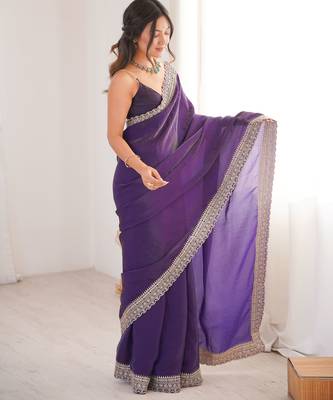 Violet satin partywear saree  4