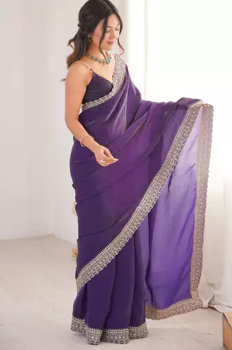 Violet satin partywear saree 