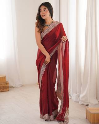 Maroon satin partywear saree  1