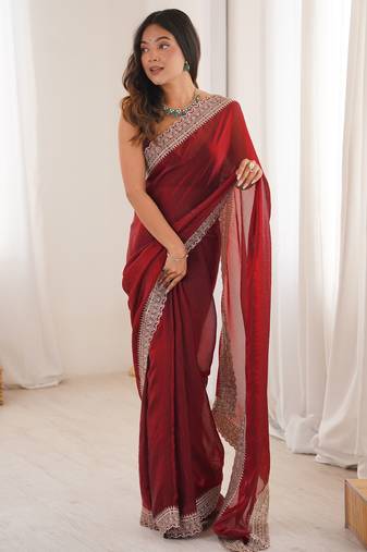 Maroon satin partywear saree 