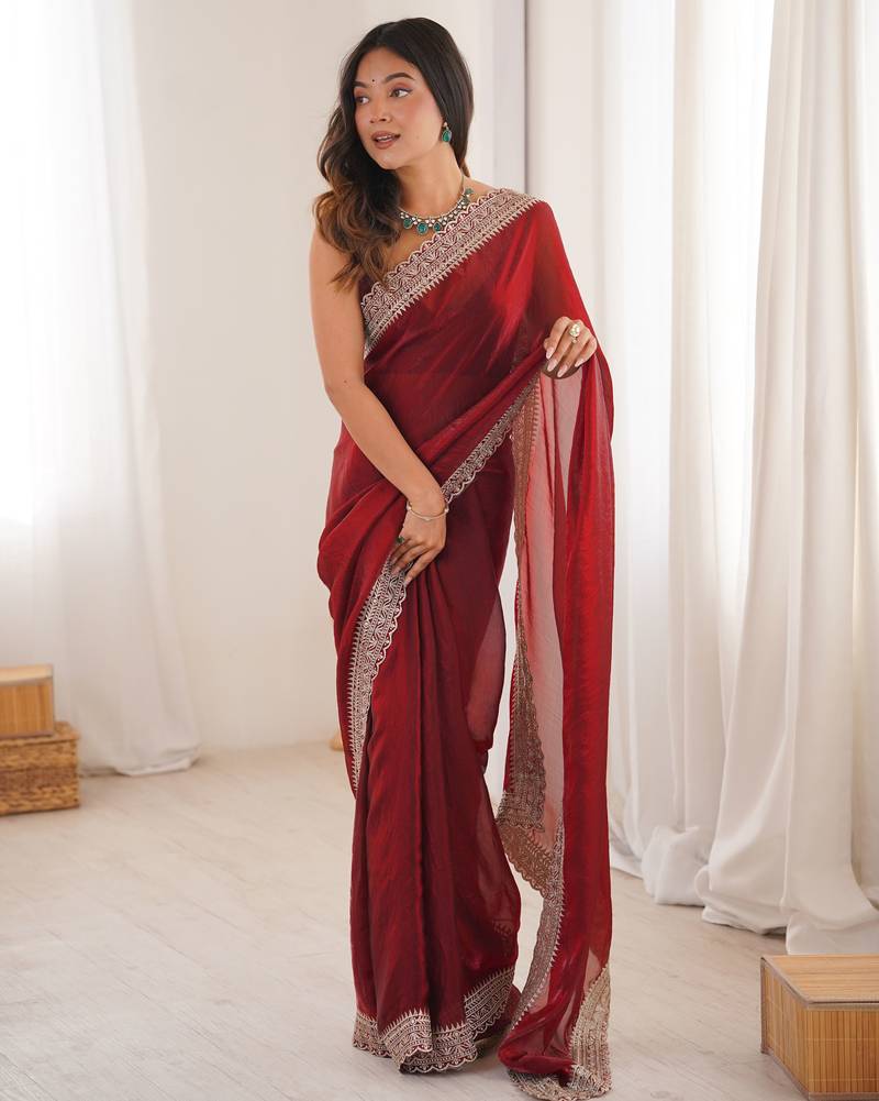Maroon satin partywear saree 