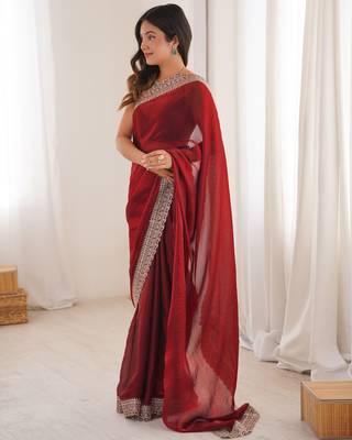 Maroon satin partywear saree  2