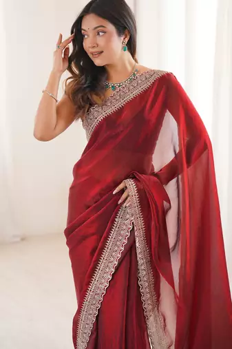Maroon satin partywear saree 