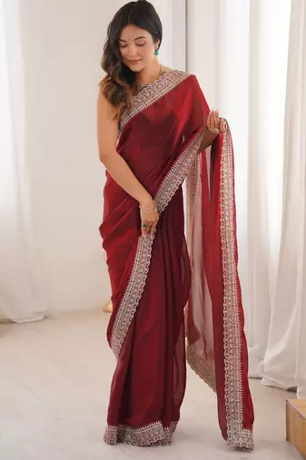 Maroon satin partywear saree 