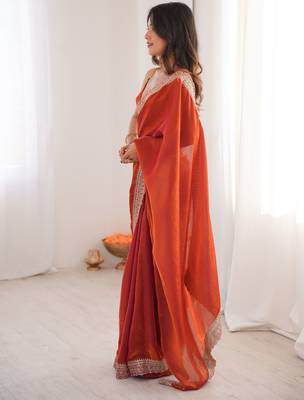 Rust satin partywear saree  2