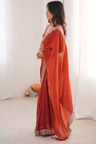 Rust satin partywear saree 