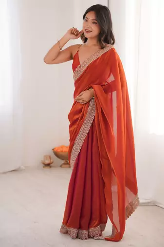 Rust satin partywear saree 