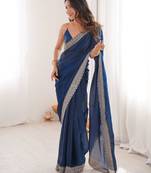 Blue satin partywear saree 