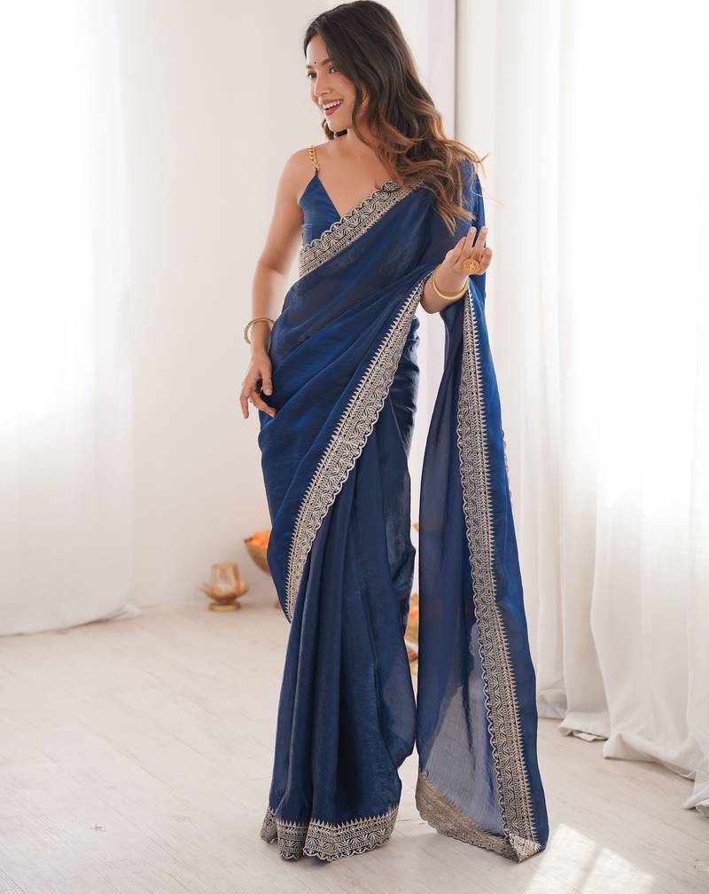 Blue satin partywear saree 