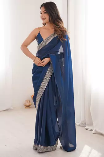 Blue satin partywear saree 