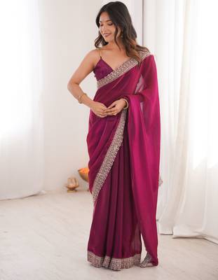 Purple satin partywear saree  1