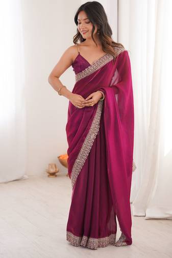 Purple satin partywear saree 