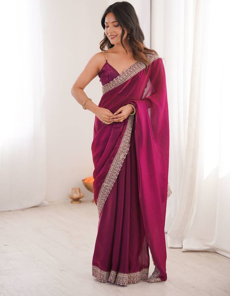 Purple satin partywear saree 