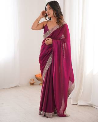 Purple satin partywear saree  2