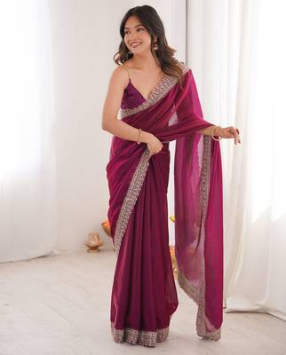 Purple satin partywear saree  4
