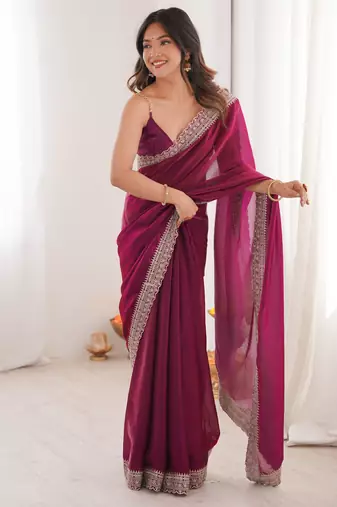 Purple satin partywear saree 