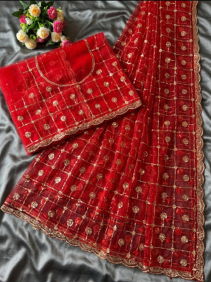 Red Color Beads And Sequence Work Net Saree 1