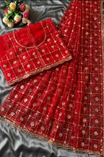 Red Color Beads And Sequence Work Net Saree