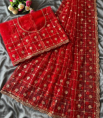 Red Color Beads And Sequence Work Net Saree