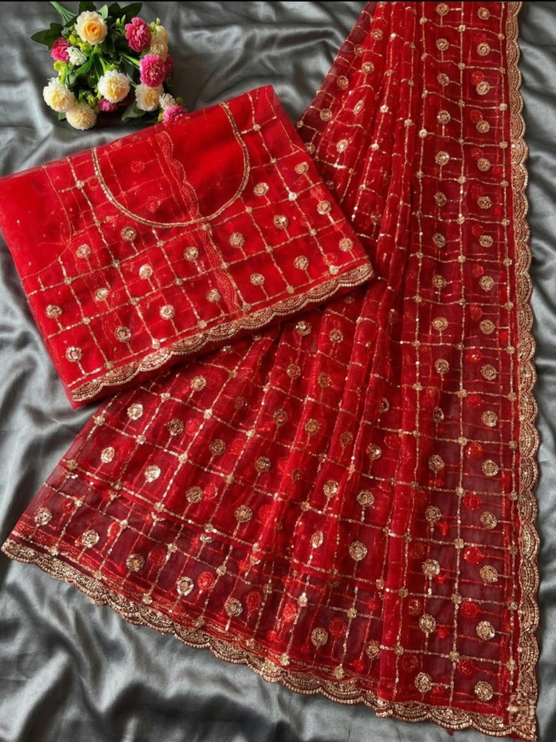 Red Color Beads And Sequence Work Net Saree