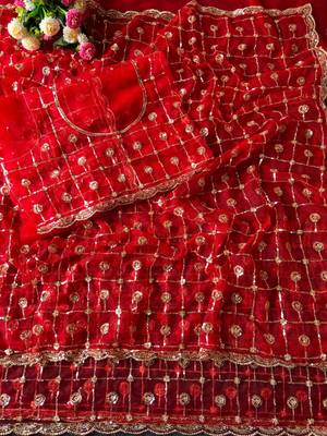 Red Color Beads And Sequence Work Net Saree 2