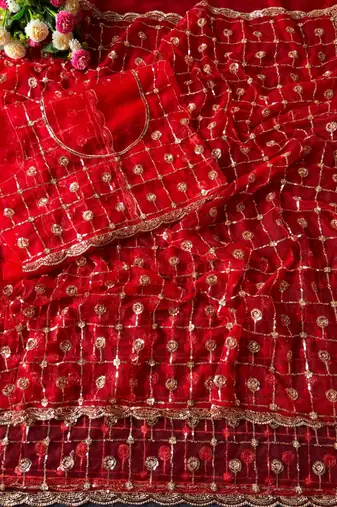Red Color Beads And Sequence Work Net Saree
