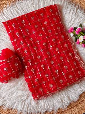 Red Color Beads And Sequence Work Net Saree 3