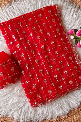 Red Color Beads And Sequence Work Net Saree