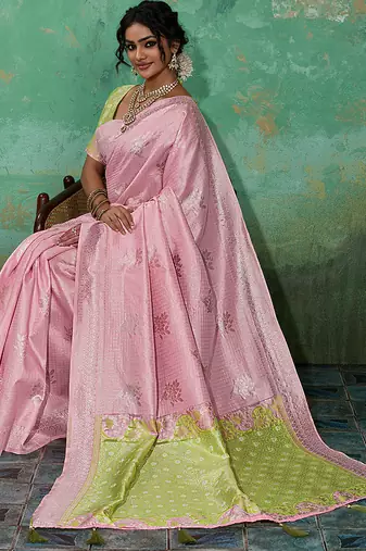 Pink woven linen cotton saree