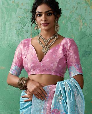 Sky blue woven linen cotton saree 5