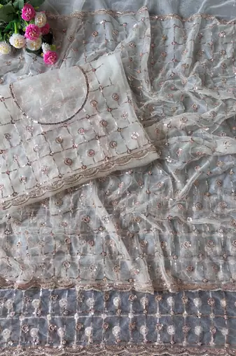 White Color Beads And Sequence Work Net Saree