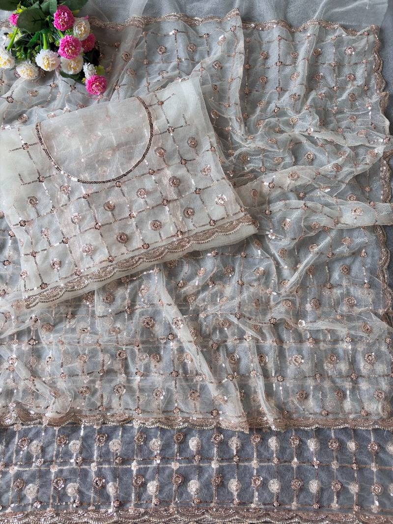 White Color Beads And Sequence Work Net Saree