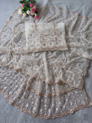 White Color Beads And Sequence Work Net Saree 2