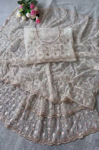 White Color Beads And Sequence Work Net Saree