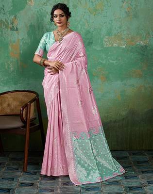 Pink woven linen cotton saree 1