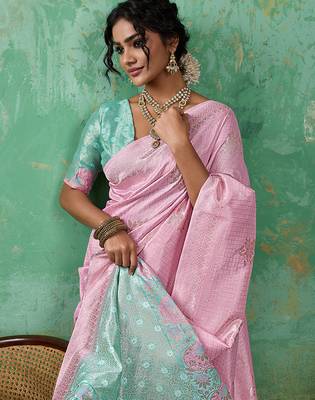 Pink woven linen cotton saree 3