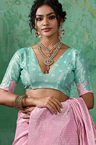 Pink woven linen cotton saree
