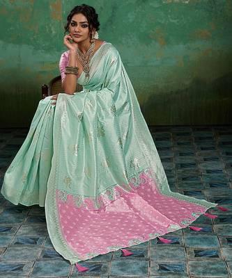 Sea green woven linen cotton saree 3