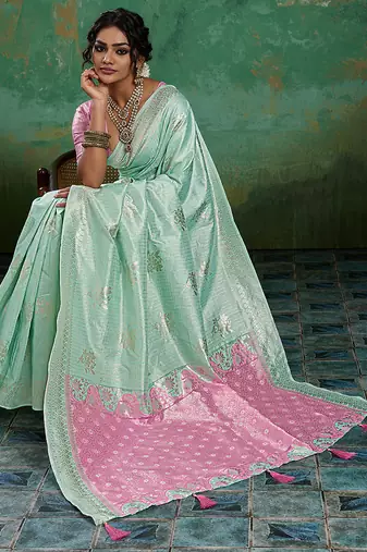 Sea green woven linen cotton saree