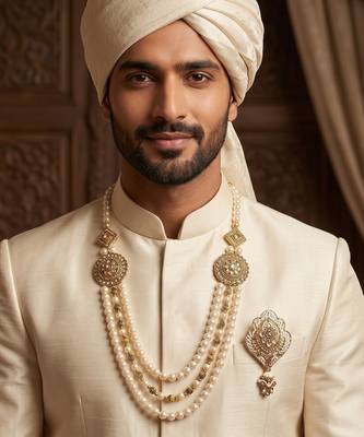   groom sherwani necklace moti mala layered for wedding | groom mala with brooch set 6