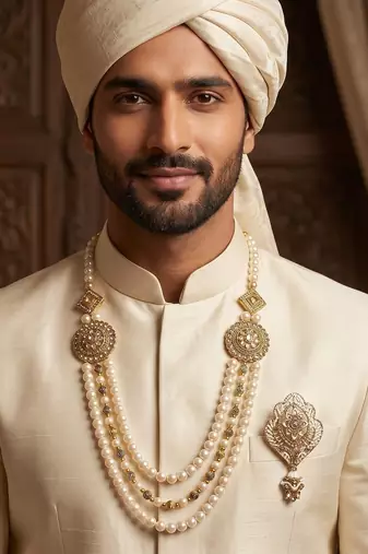   groom sherwani necklace moti mala layered for wedding | groom mala with brooch set