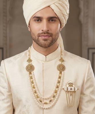   groom sherwani necklace moti mala layered for wedding | groom mala with brooch set 6