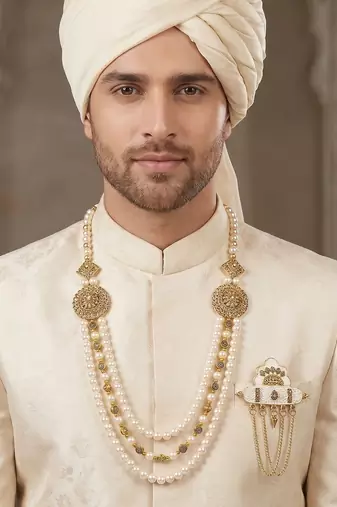   groom sherwani necklace moti mala layered for wedding | groom mala with brooch set