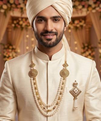   groom sherwani necklace moti mala layered for wedding | groom mala with brooch set 6