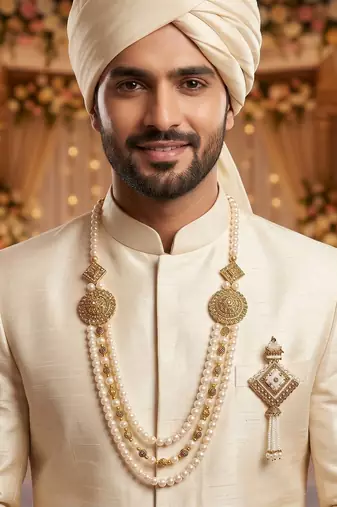   groom sherwani necklace moti mala layered for wedding | groom mala with brooch set