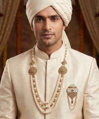   groom sherwani necklace moti mala layered for wedding | groom mala with brooch set 6