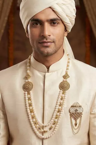   groom sherwani necklace moti mala layered for wedding | groom mala with brooch set
